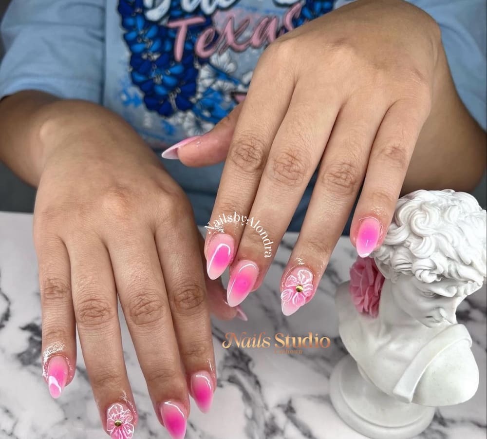 pink and white ombré and nail art nails, almond shape — nail salon in Calhoun, GA — Sonny & Tee