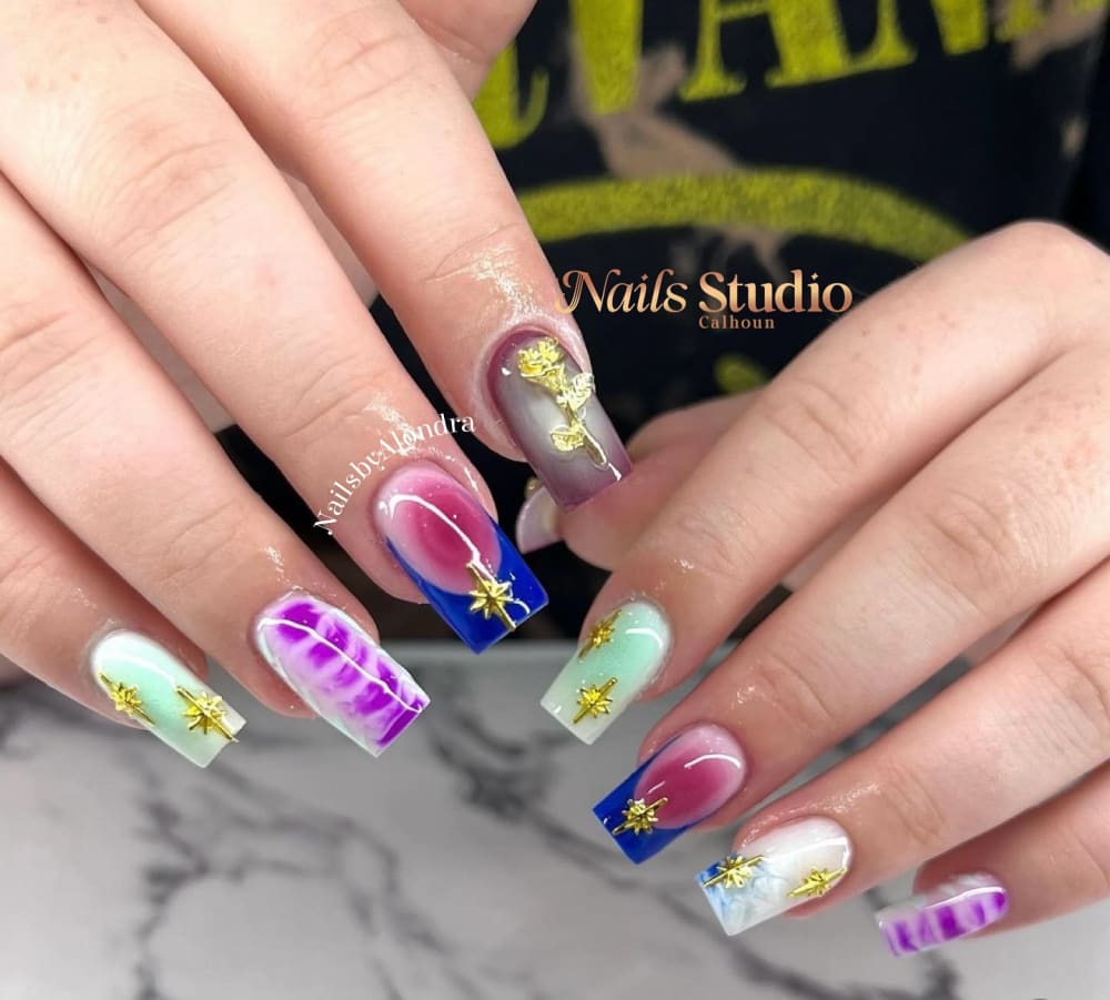 pink and blue 3D and nail art nails, coffin shape — nail salon in Calhoun, GA — Sonny & Tee