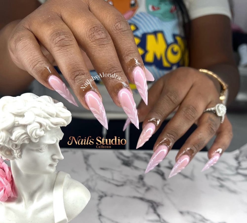 pink and nude chrome and glitter nails, stiletto shape — nail salon in Calhoun, GA — Sonny & Tee