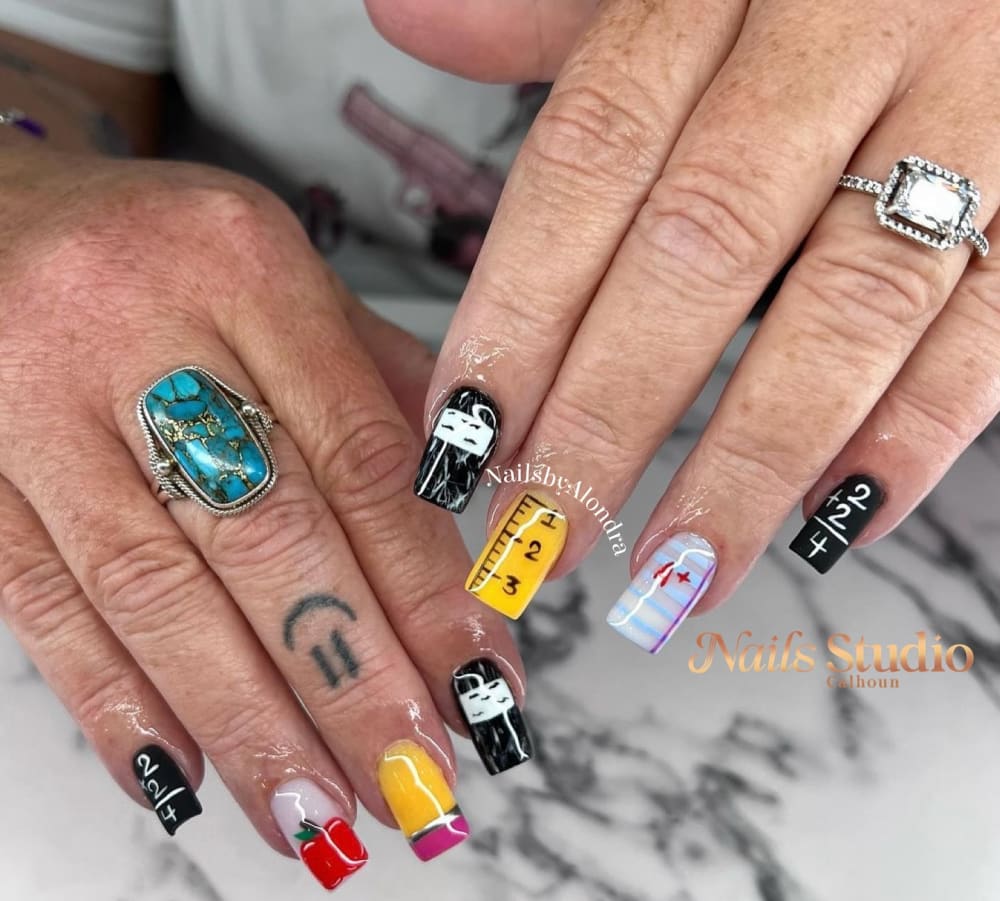 black and white nail art nails, square shape — nail salon in Calhoun, GA — Sonny & Tee