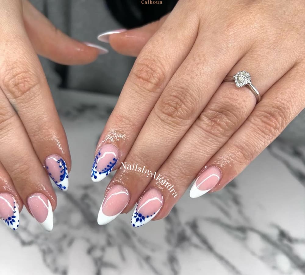 white and blue french and nail art nails, almond shape — nail salon in Calhoun, GA — Sonny & Tee