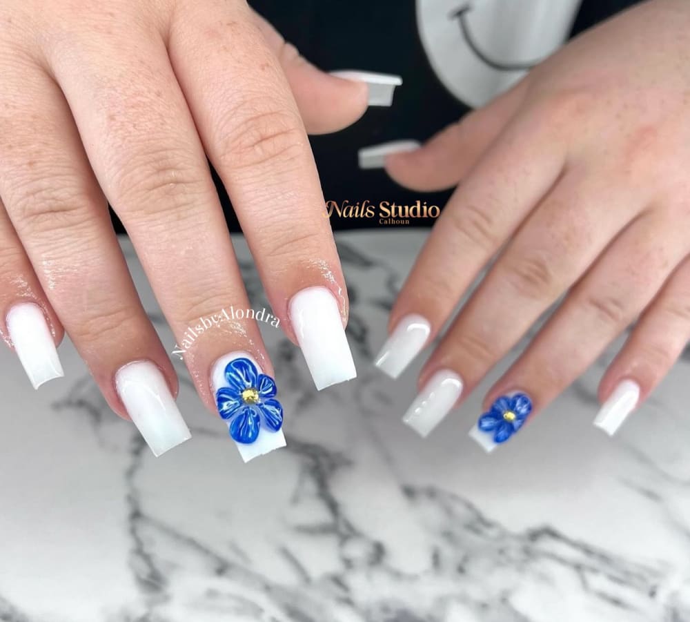 white and blue 3D and nail art nails, square shape — nail salon in Calhoun, GA — Sonny & Tee