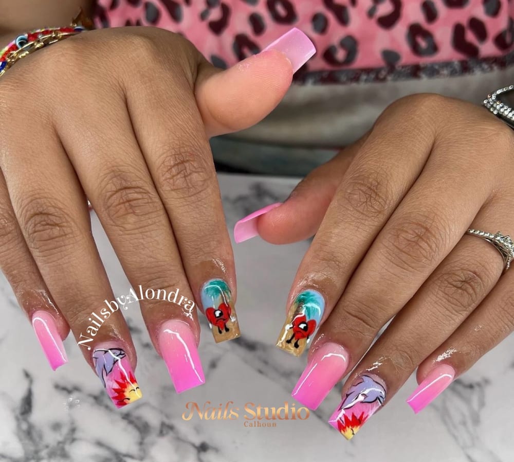 pink and blue ombré and nail art nails, coffin shape — nail salon in Calhoun, GA — Sonny & Tee