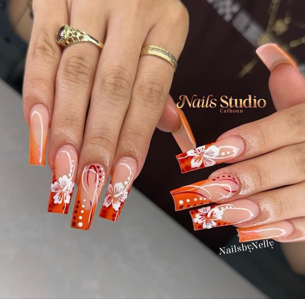red and white nail art, french and ombré nails, square shape — nail salon in Calhoun, GA — Sonny & Tee