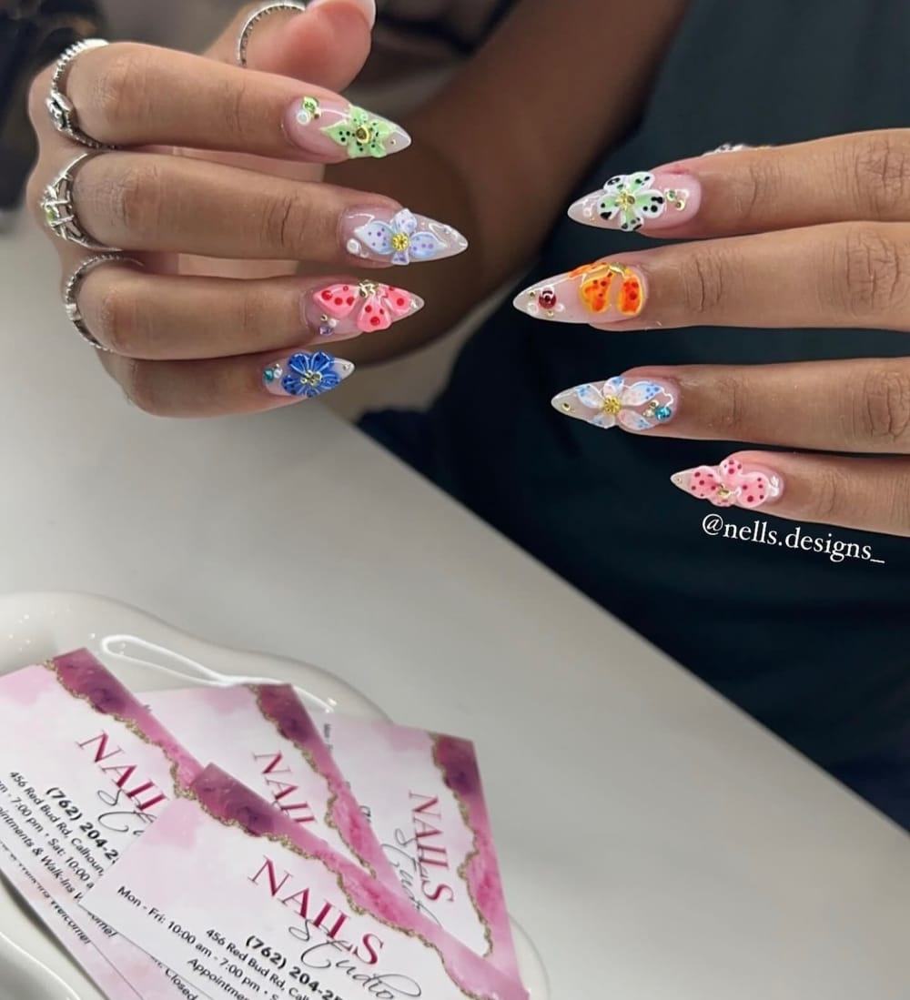 pink and blue 3D and nail art nails, almond shape — nail salon in Calhoun, GA — Sonny & Tee