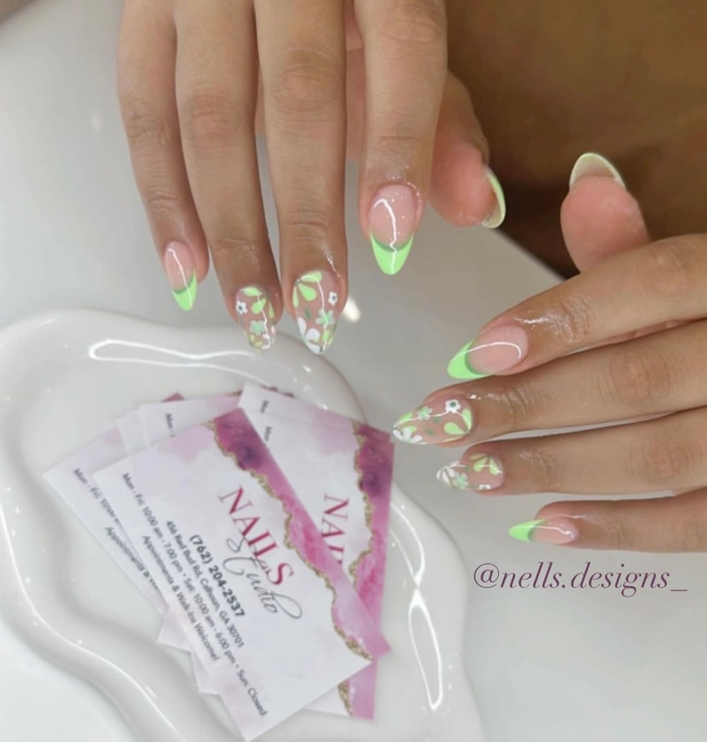 green and white nail art and french nails, almond shape — nail salon in Calhoun, GA — Sonny & Tee
