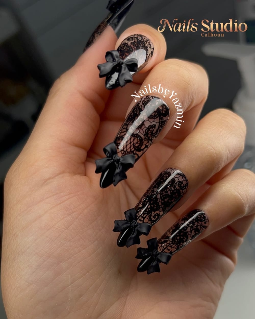 black and nude 3D, nail art and glitter nails, coffin shape — nail salon in Calhoun, GA — Sonny & Tee