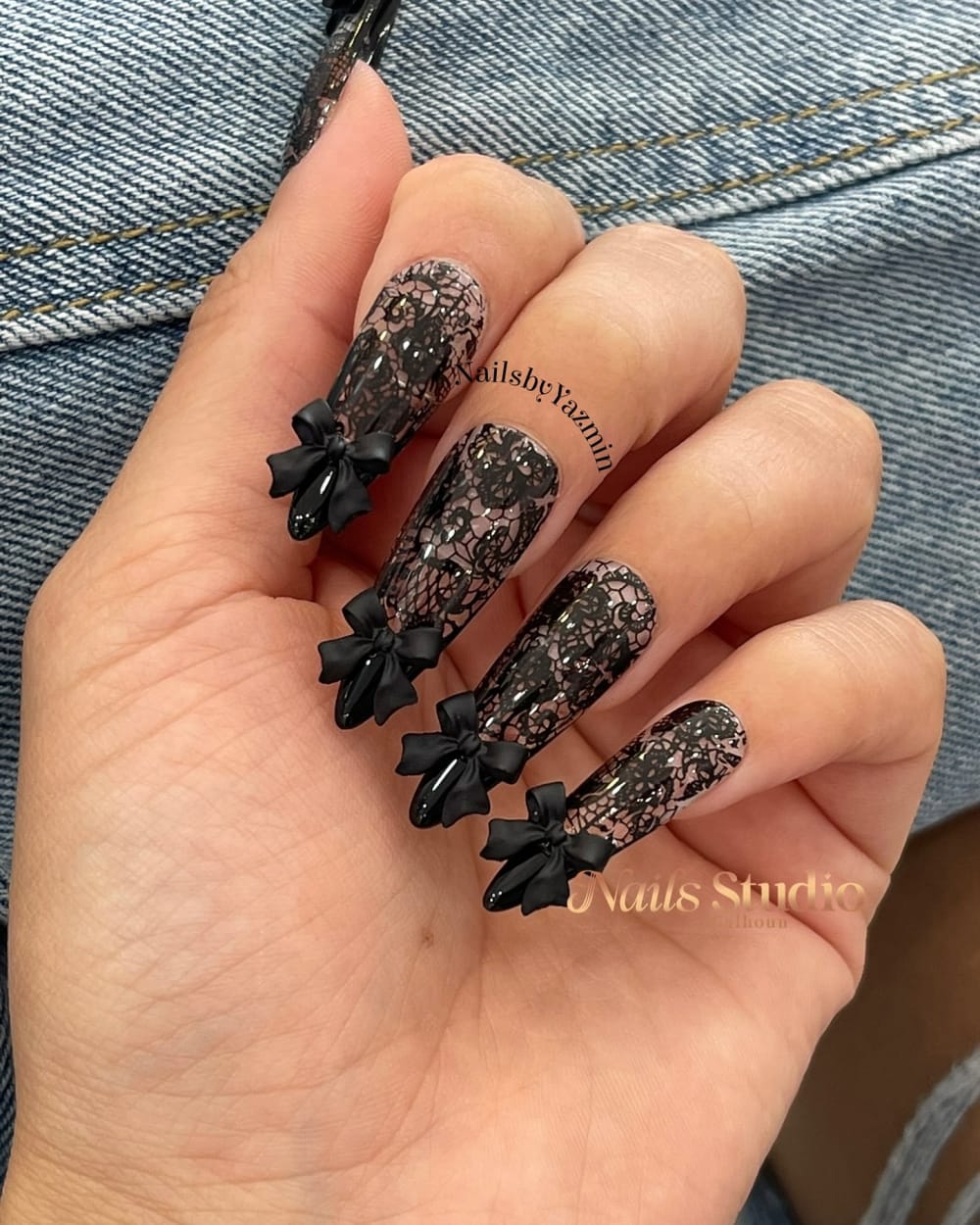 black and nude 3D, nail art and glitter nails, coffin shape — nail salon in Calhoun, GA — Sonny & Tee