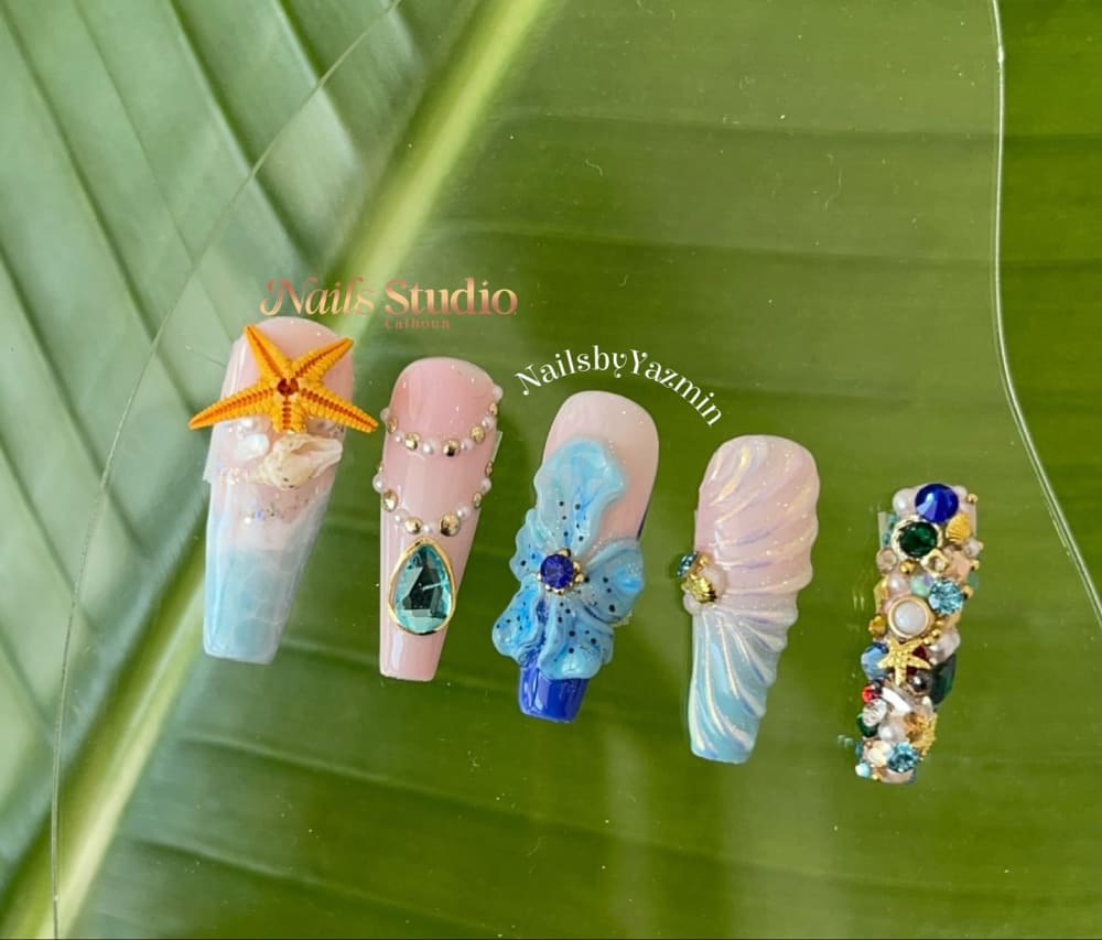 blue and pink 3D, nail art and glitter nails, coffin shape — nail salon in Calhoun, GA — Sonny & Tee