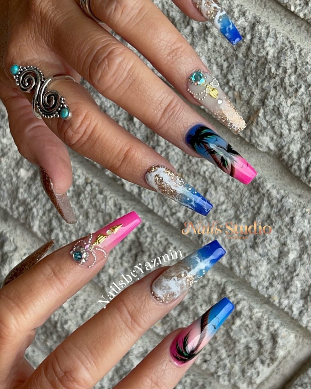 blue and pink nail art, glitter and 3D nails, coffin shape — nail salon in Calhoun, GA — Sonny & Tee