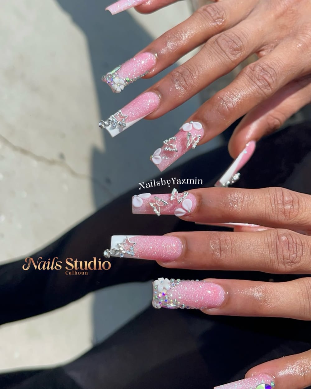 pink and white 3D, glitter and nail art nails, coffin shape — nail salon in Calhoun, GA — Sonny & Tee