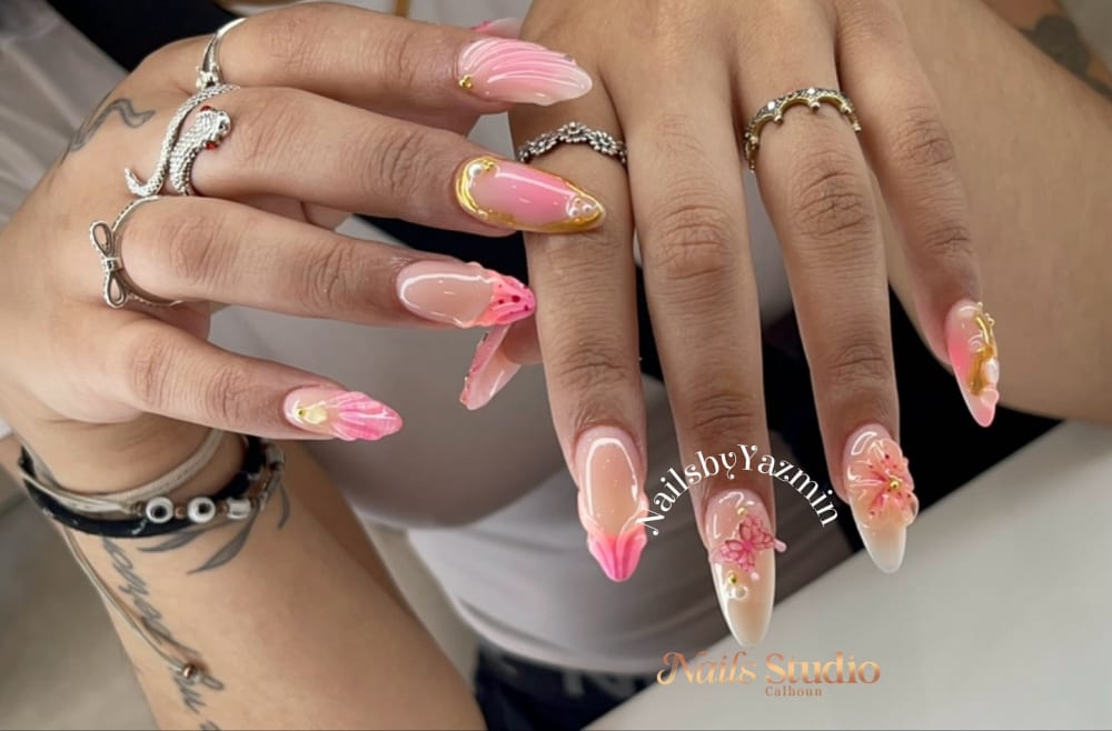 pink and white 3D, nail art and ombré nails, almond shape — nail salon in Calhoun, GA — Sonny & Tee