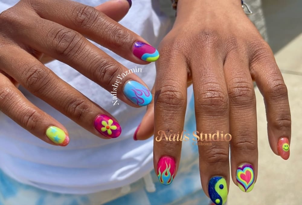pink and blue nail art nails, oval shape — nail salon in Calhoun, GA — Sonny & Tee