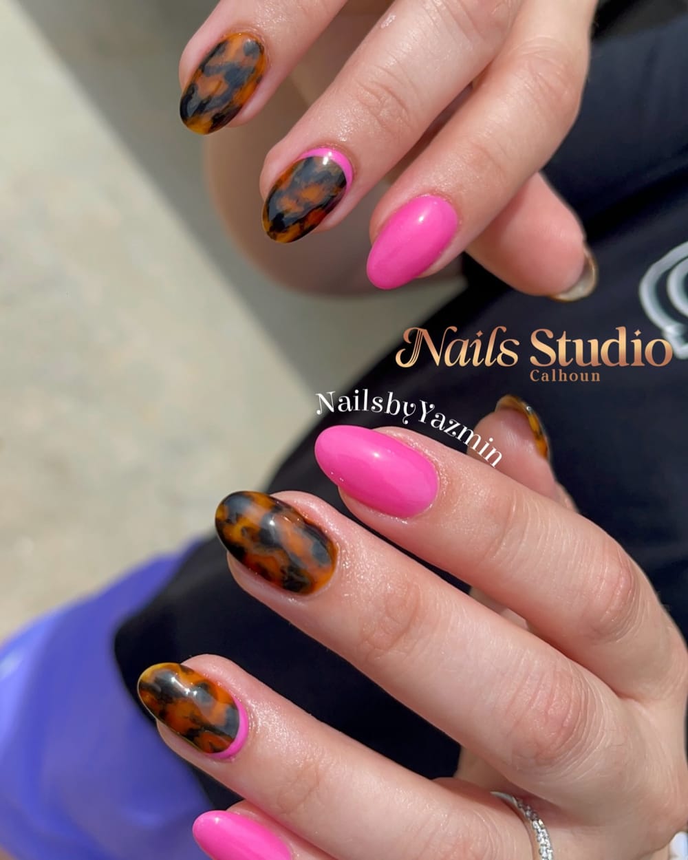 pink and black nail art nails, oval shape — nail salon in Calhoun, GA — Sonny & Tee
