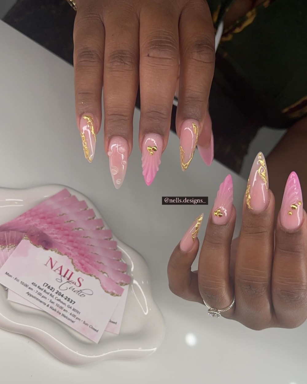 pink and nude 3D, nail art and ombré nails, stiletto shape — nail salon in Calhoun, GA — Sonny & Tee