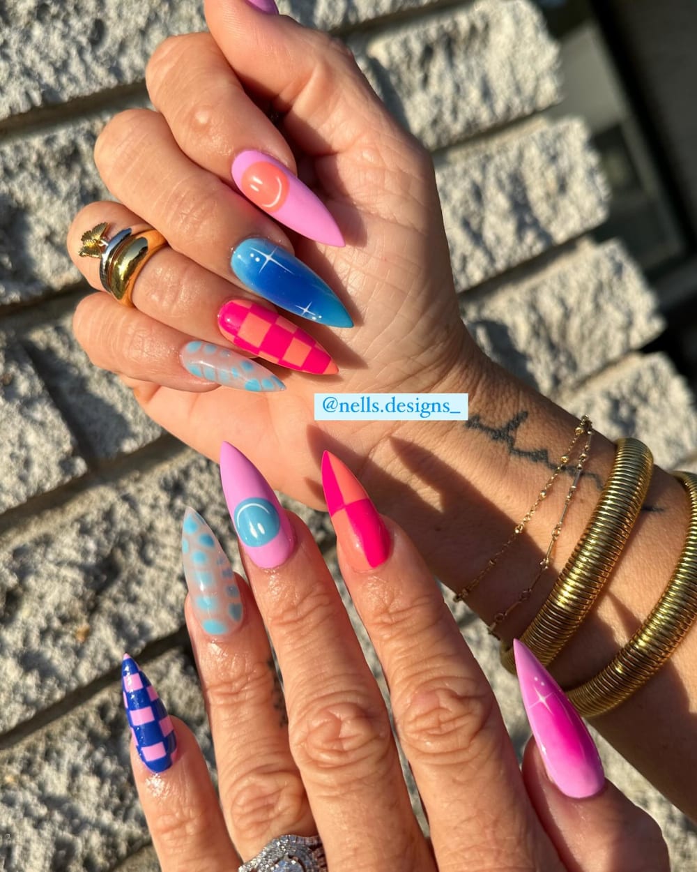 pink and blue nail art nails, almond shape — nail salon in Calhoun, GA — Sonny & Tee