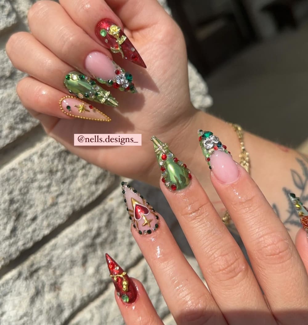 red and green 3D, nail art and chrome nails, stiletto shape — nail salon in Calhoun, GA — Sonny & Tee