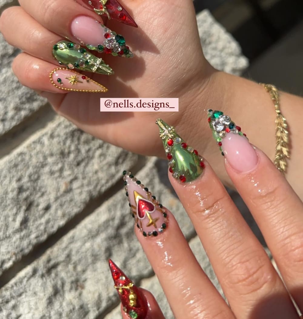 red and green 3D, nail art and chrome nails, stiletto shape — nail salon in Calhoun, GA — Sonny & Tee