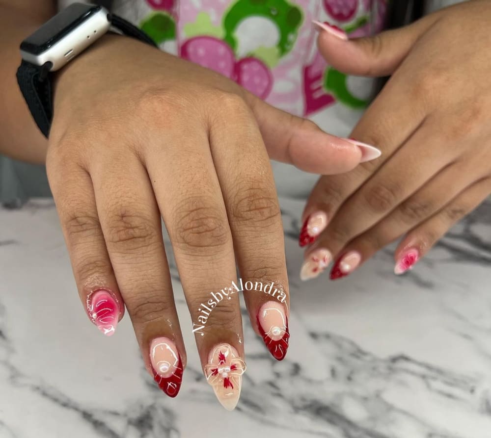 red and nude 3D and nail art nails, almond shape — nail salon in Calhoun, GA — Sonny & Tee