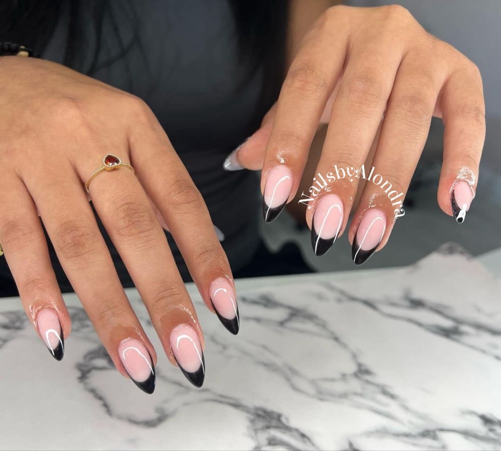 black and nude french nails, almond shape — nail salon in Calhoun, GA — Sonny & Tee