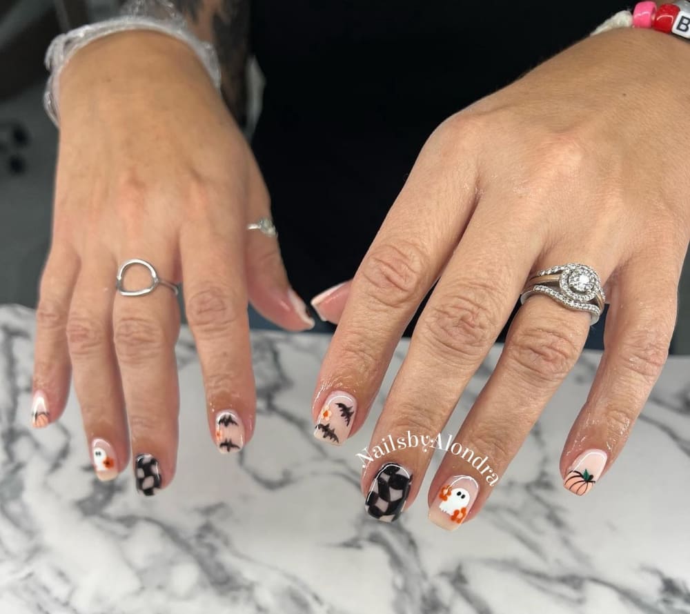 nude and black nail art nails, square shape — nail salon in Calhoun, GA — Sonny & Tee