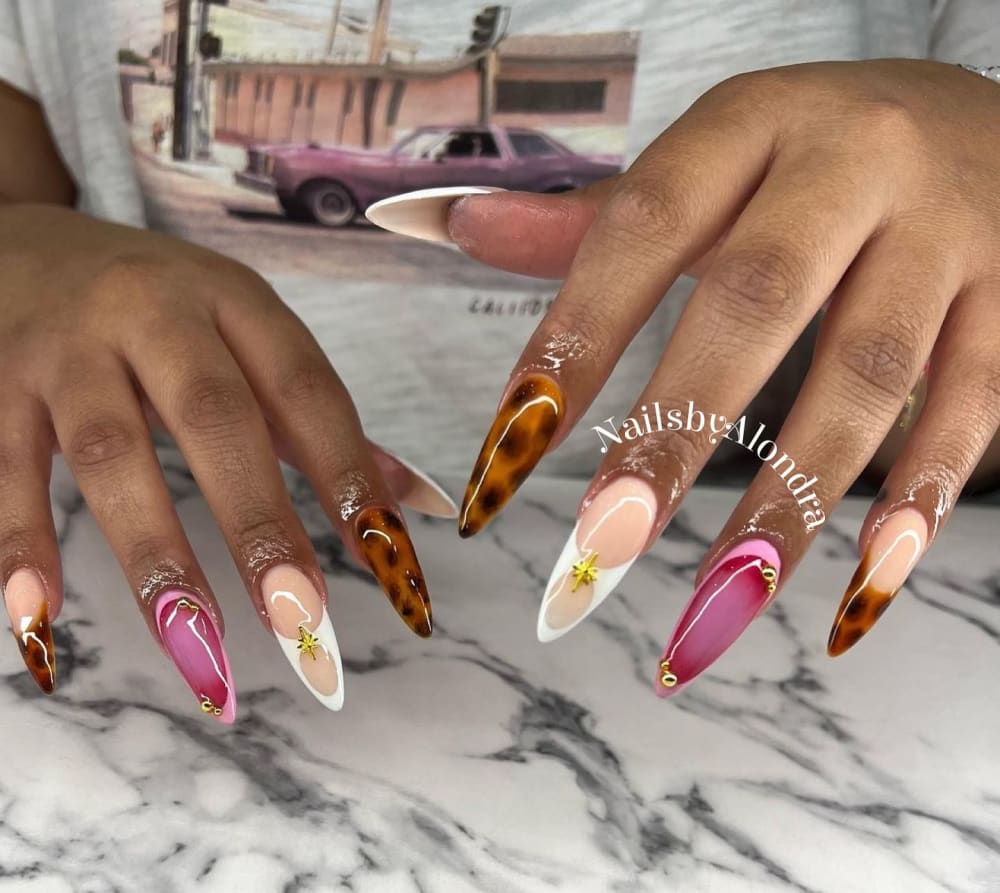 pink and white french and nail art nails, almond shape — nail salon in Calhoun, GA — Sonny & Tee