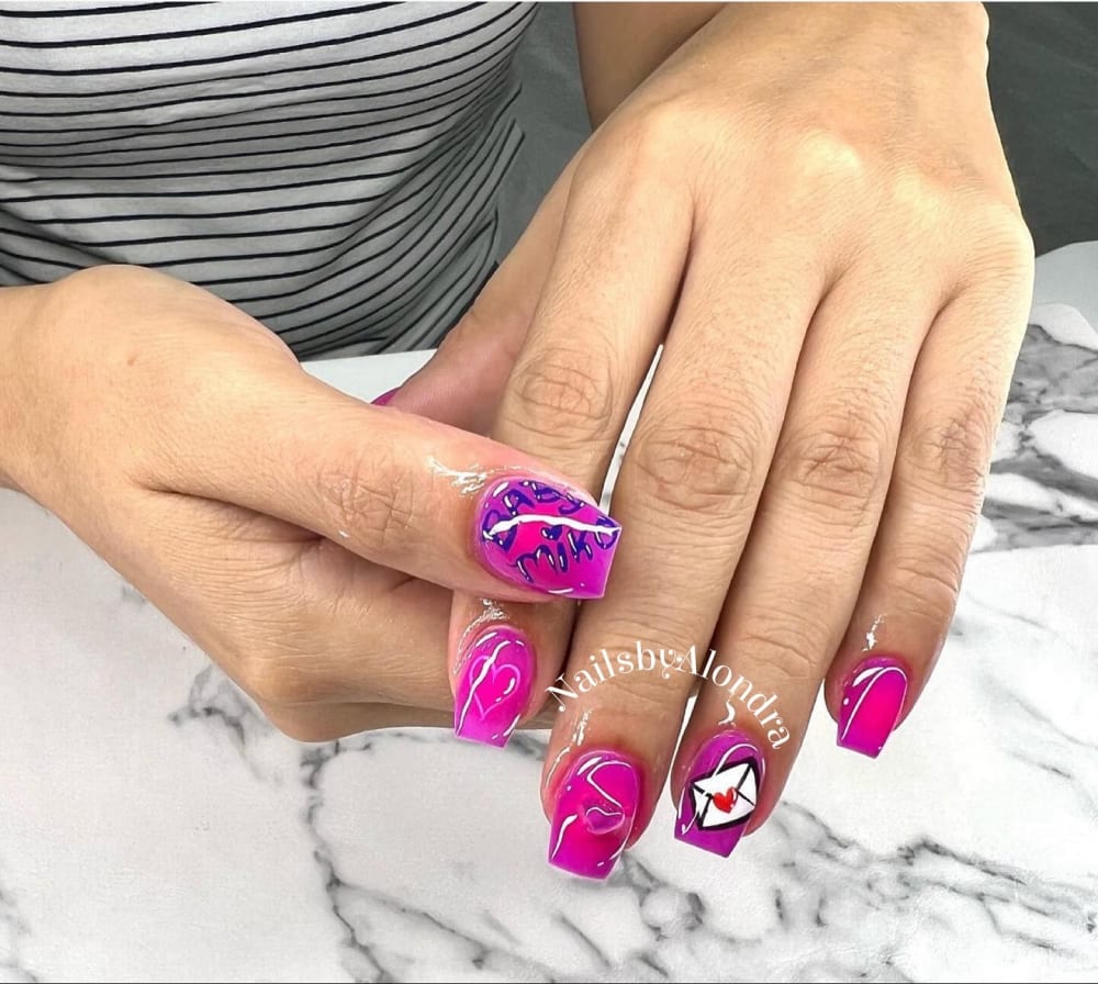 pink and white nail art nails, square shape — nail salon in Calhoun, GA — Sonny & Tee