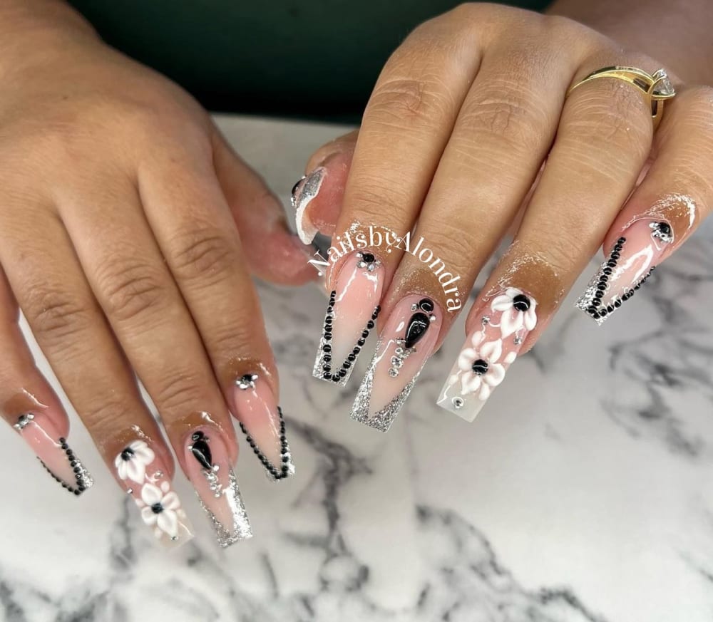 pink and white nail art, 3D and glitter nails, coffin shape — nail salon in Calhoun, GA — Sonny & Tee