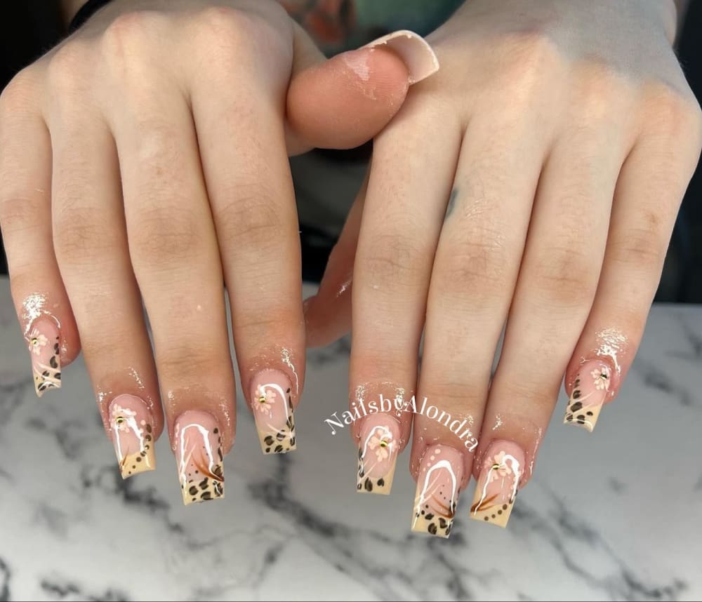 nude and gold french and nail art nails, square shape — nail salon in Calhoun, GA — Sonny & Tee