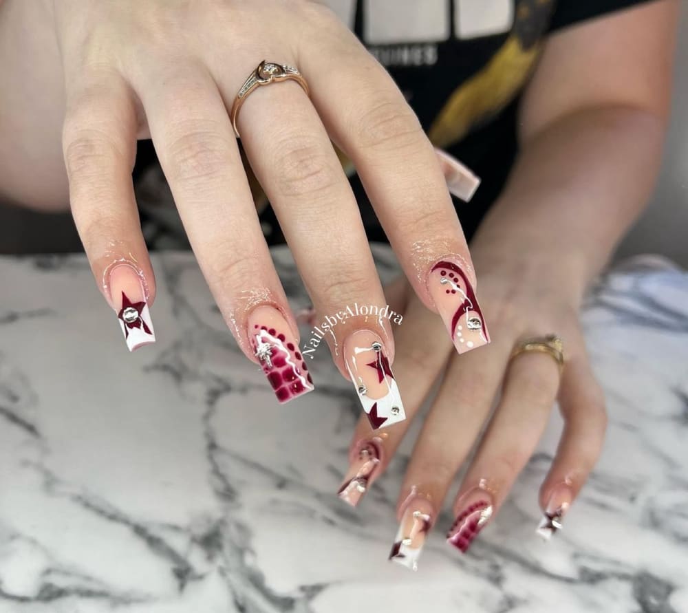 red and white french and nail art nails, square shape — nail salon in Calhoun, GA — Sonny & Tee