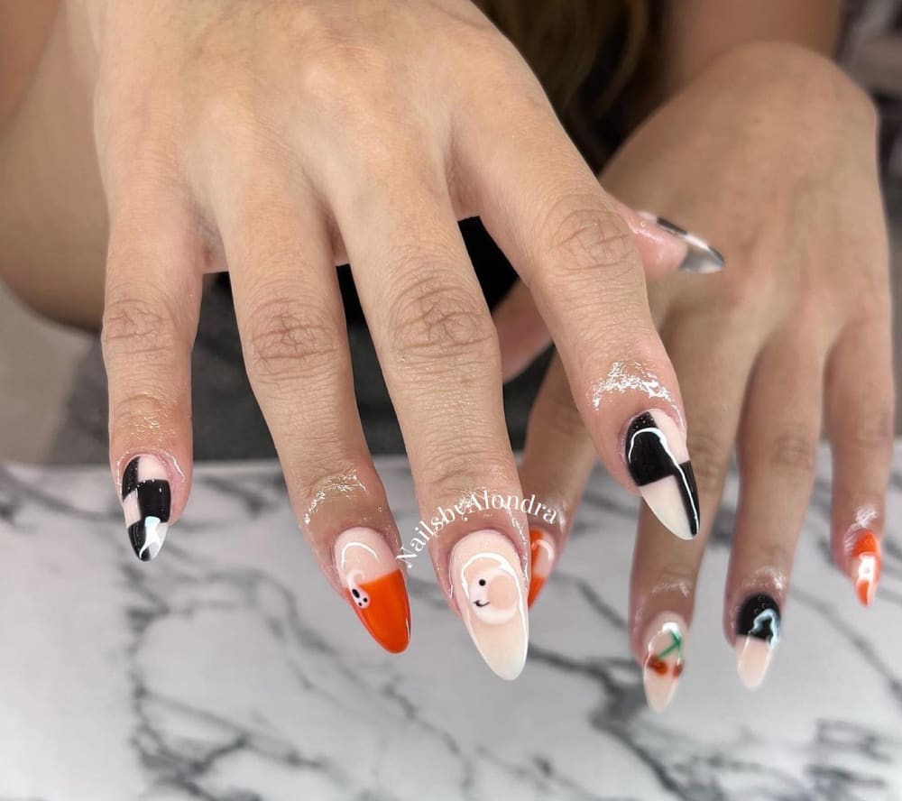 white and black nail art nails, almond shape — nail salon in Calhoun, GA — Sonny & Tee