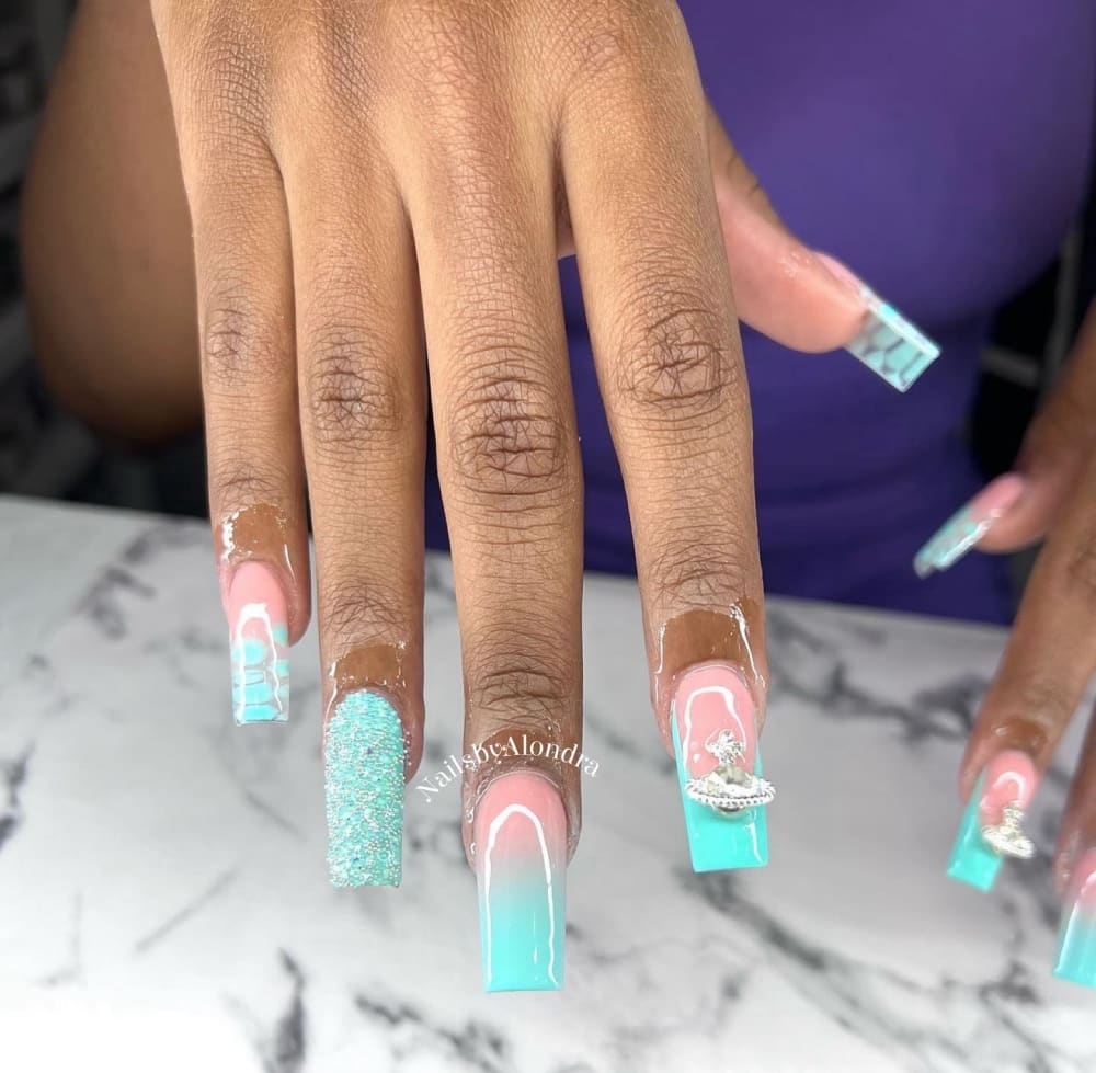 blue and pink ombré, glitter and 3D nails, square shape — nail salon in Calhoun, GA — Sonny & Tee