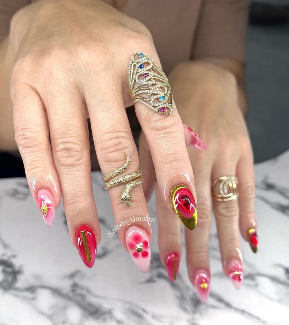 pink and red nail art and 3D nails, almond shape — nail salon in Calhoun, GA — Sonny & Tee