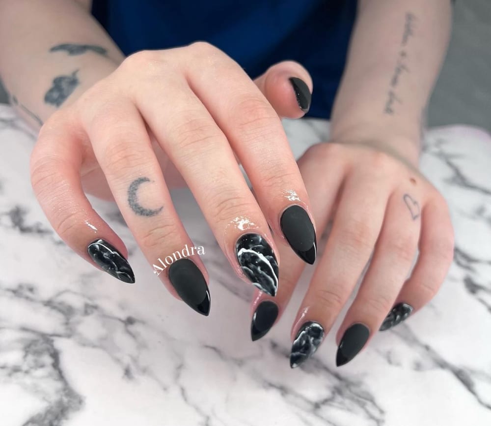 black and white nail art nails, almond shape — nail salon in Calhoun, GA — Sonny & Tee