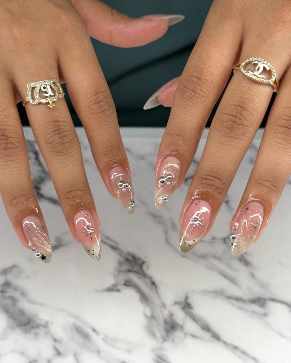 nude and chrome french, nail art and chrome nails, almond shape — nail salon in Calhoun, GA — Sonny & Tee