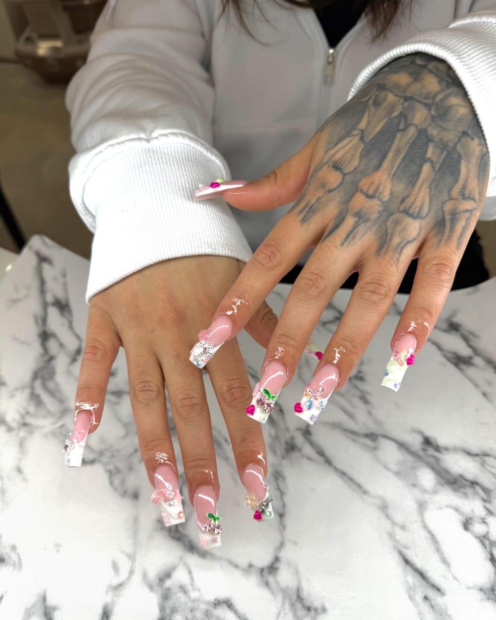 pink and white french and 3D nails, coffin shape — nail salon in Calhoun, GA — Sonny & Tee