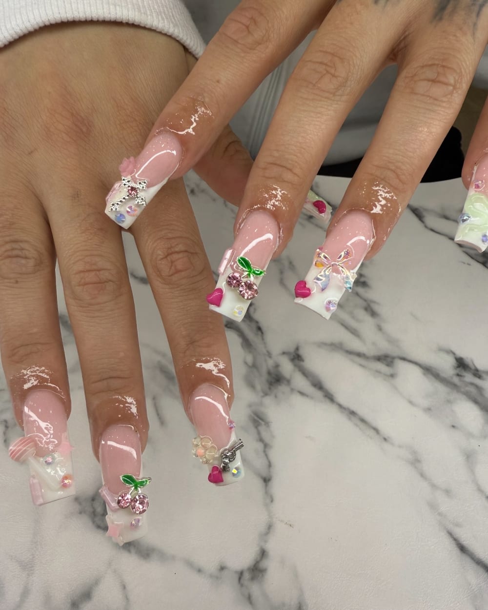 pink and white french and 3D nails, square shape — nail salon in Calhoun, GA — Sonny & Tee