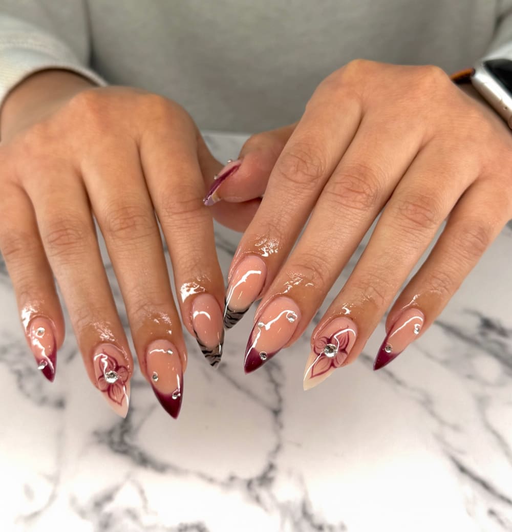 red and nude french, 3D and nail art nails, almond shape — nail salon in Calhoun, GA — Sonny & Tee
