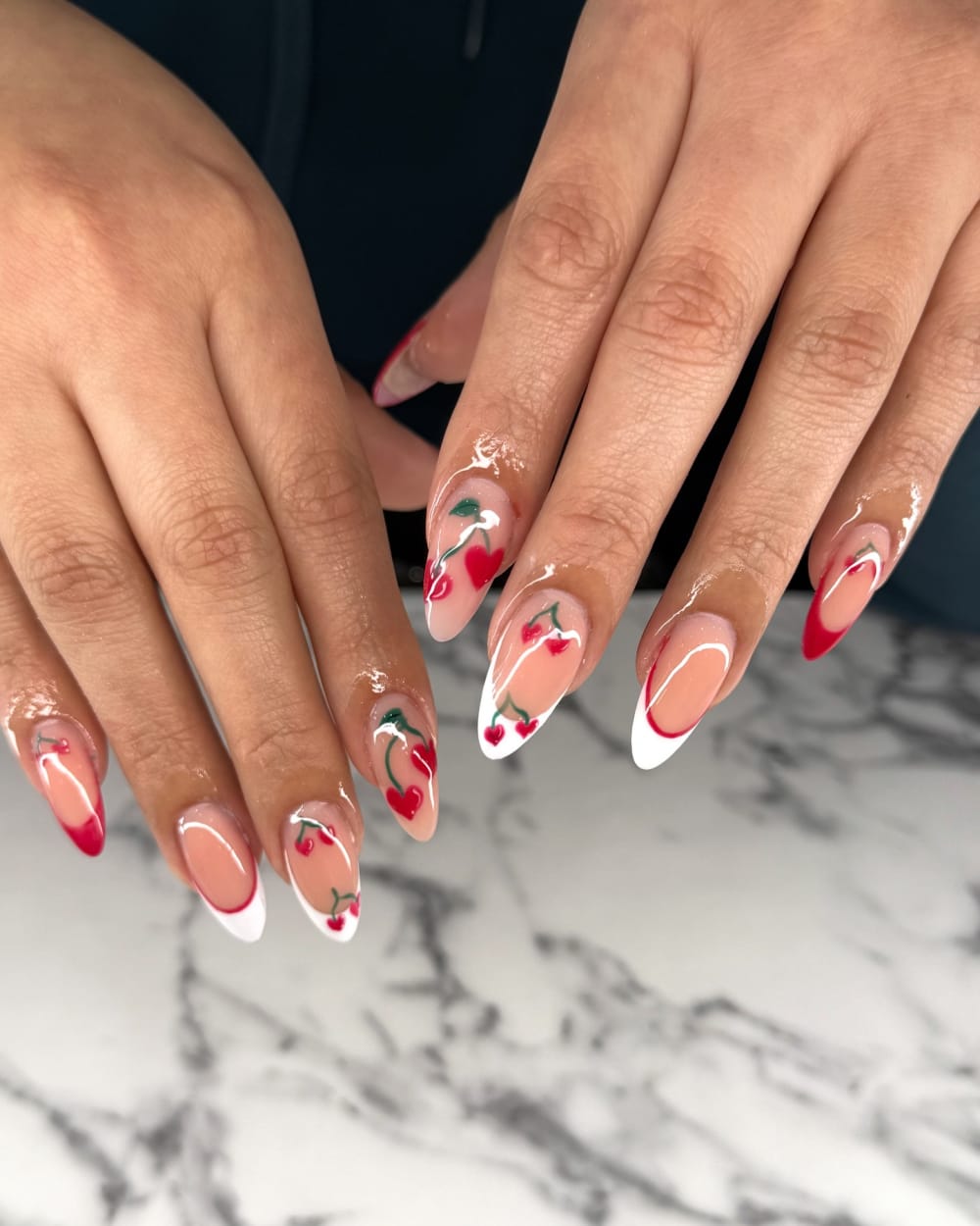 red and white french and nail art nails, almond shape — nail salon in Calhoun, GA — Sonny & Tee