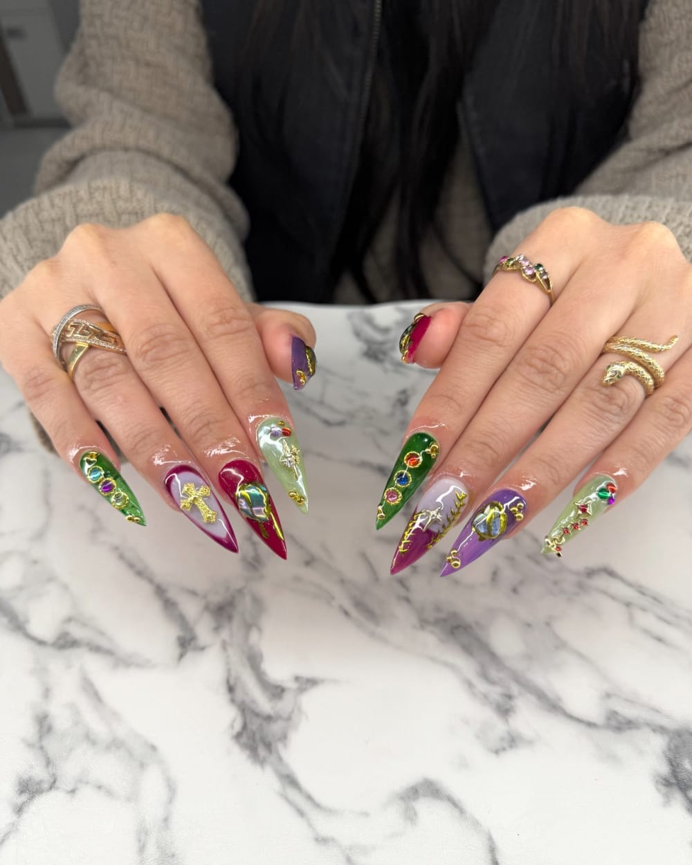 gold and green nail art and 3D nails, stiletto shape — nail salon in Calhoun, GA — Sonny & Tee