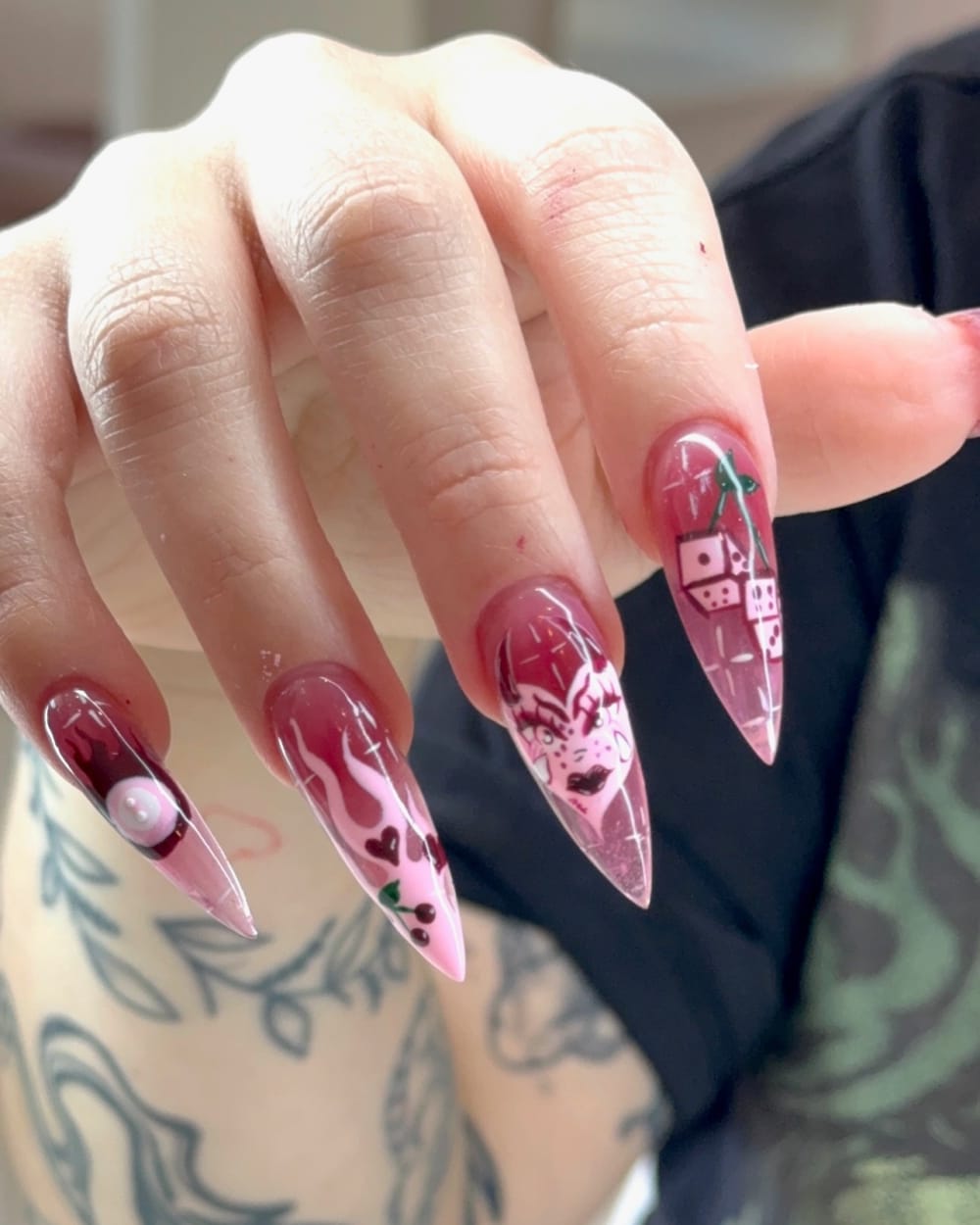 pink and red nail art and 3D nails, stiletto shape — nail salon in Calhoun, GA — Sonny & Tee