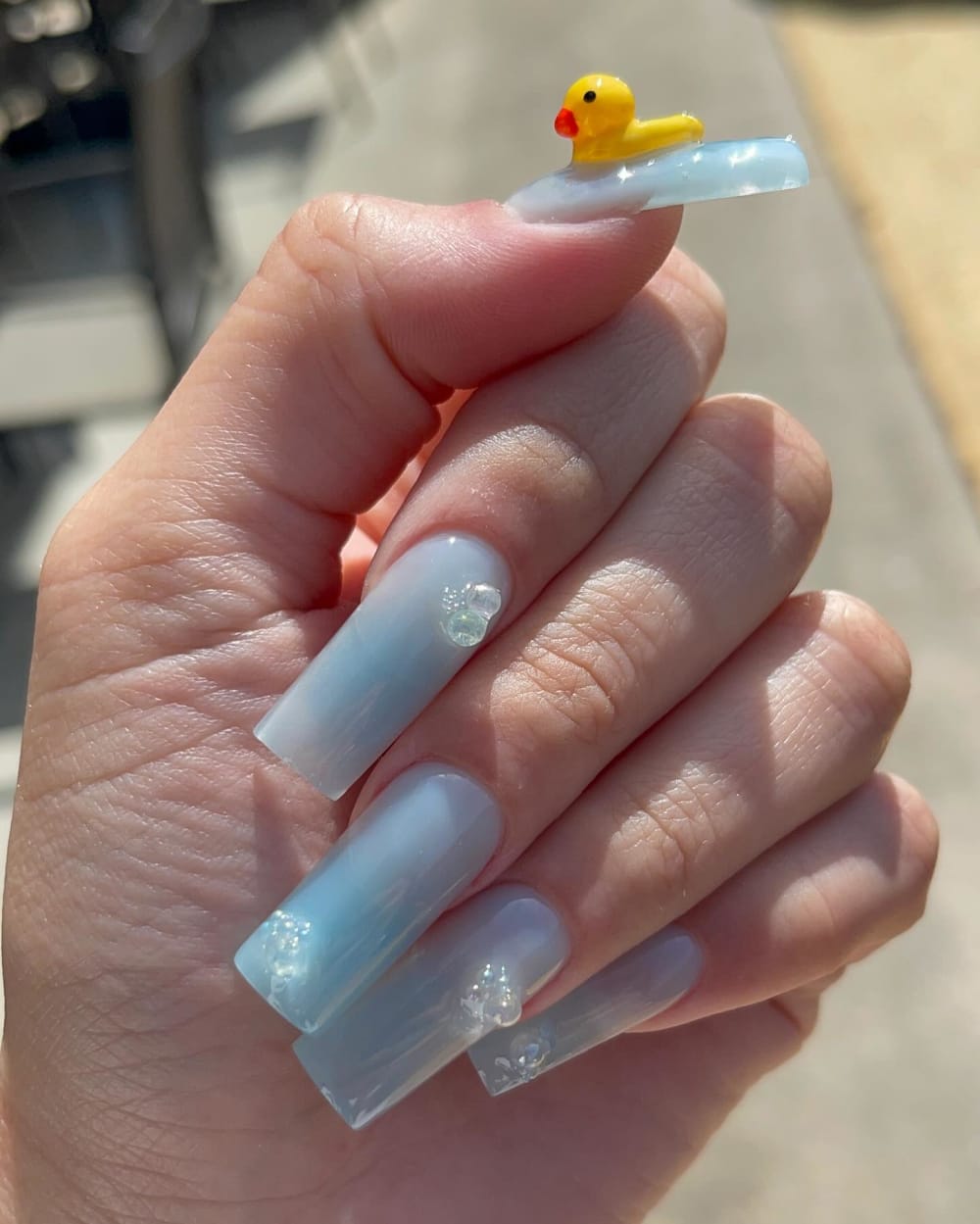 blue and white ombré and 3D nails, coffin shape — nail salon in Calhoun, GA — Sonny & Tee