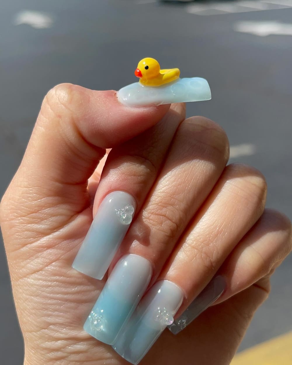 blue and white 3D, ombré and glitter nails, square shape — nail salon in Calhoun, GA — Sonny & Tee