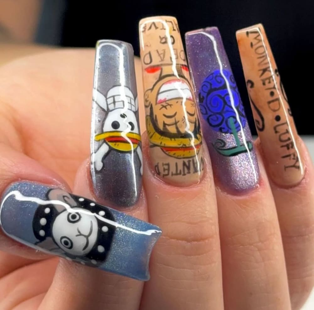 nude and blue nail art and chrome nails, coffin shape — nail salon in Calhoun, GA — Sonny & Tee