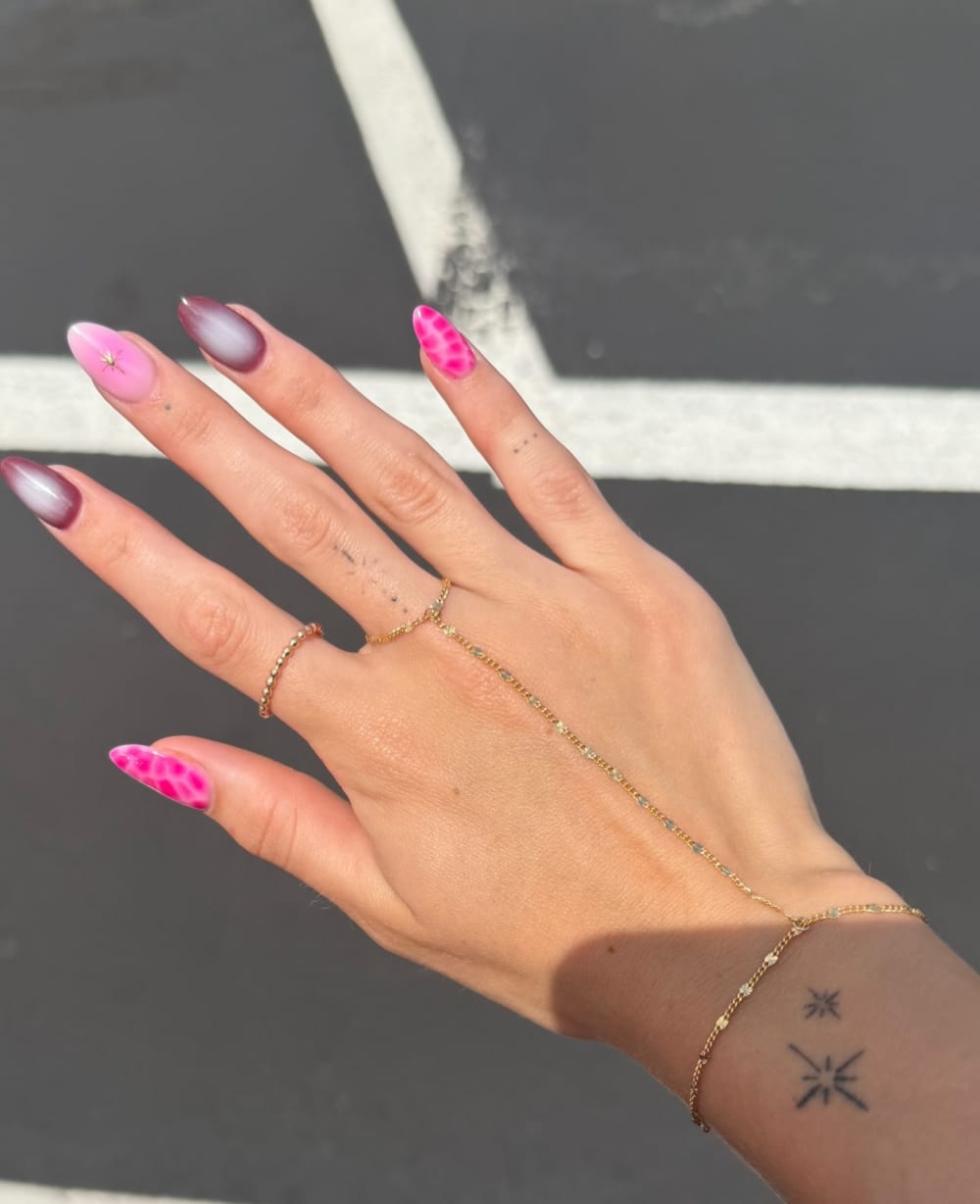 pink and black ombré and nail art nails, almond shape — nail salon in Calhoun, GA — Sonny & Tee