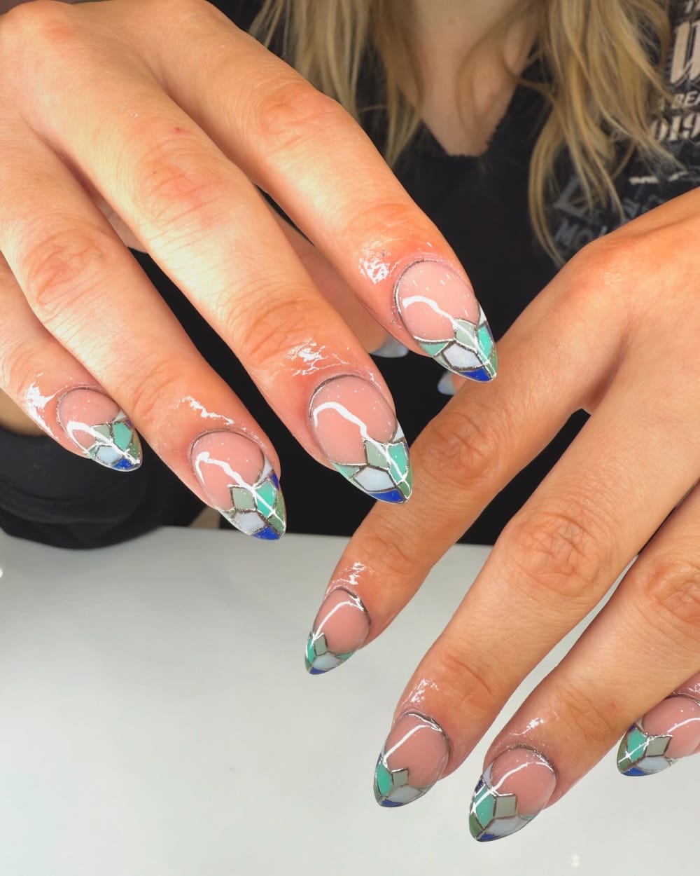green and blue french, nail art and chrome nails, almond shape — nail salon in Calhoun, GA — Sonny & Tee