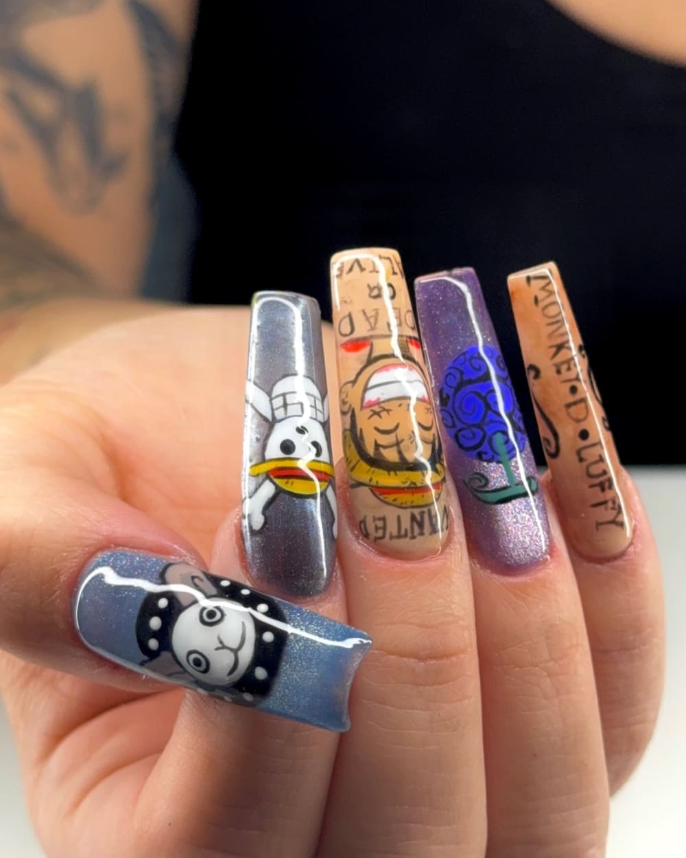 black and white nail art and chrome nails, coffin shape — nail salon in Calhoun, GA — Sonny & Tee