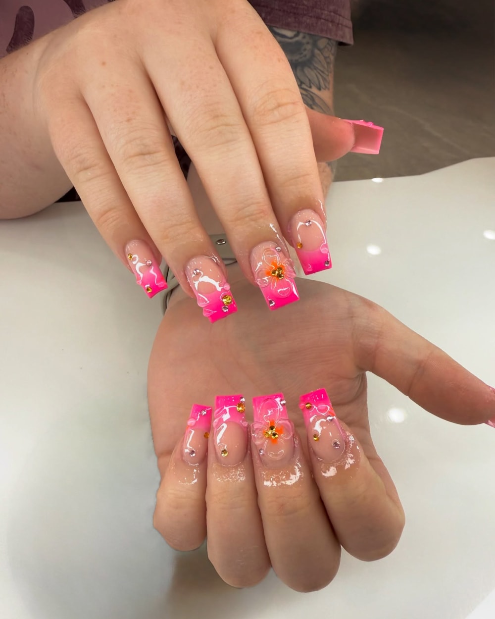 pink and nude french, 3D, nail art and ombré nails, square shape — nail salon in Calhoun, GA — Sonny & Tee