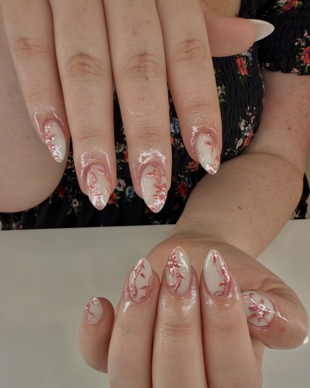 nude and white nail art nails, almond shape — nail salon in Calhoun, GA — Sonny & Tee