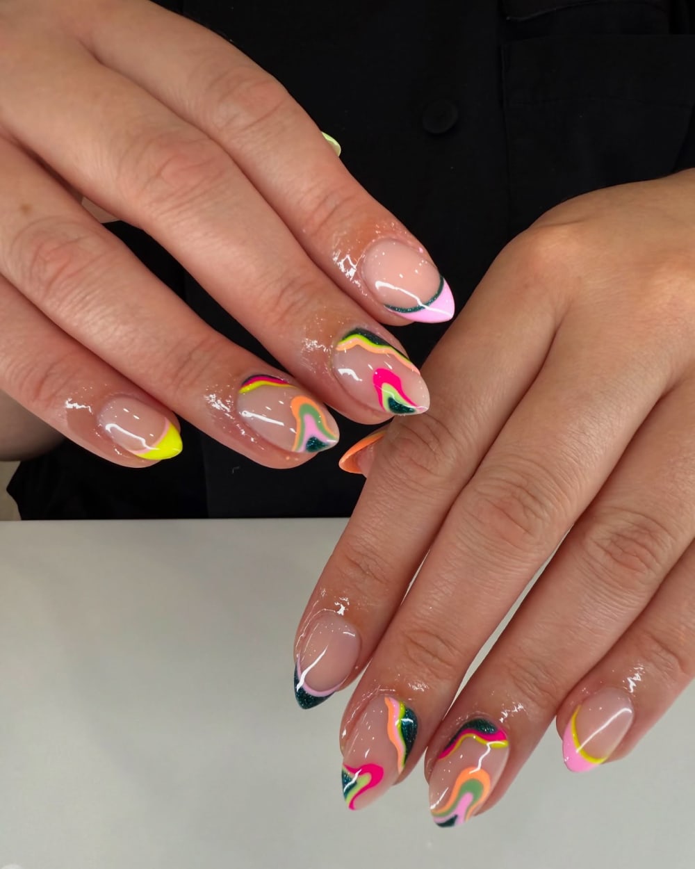nude and green nail art nails, almond shape — nail salon in Calhoun, GA — Sonny & Tee